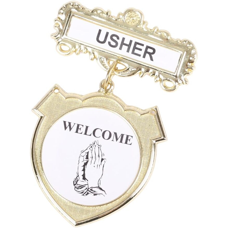 Gold Usher Pins for Church | Welcome Badge for Ushers | Reusable Gold Metal Usher Badge Locking Pin Back | Usher Name Tag Pin Smooth Borders Church Usher Uniform Badge (01)
