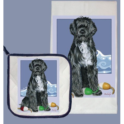 Pipsqueak Productions DP577 Dish Towel and Pot Holder Set - Portuguese Water Dog