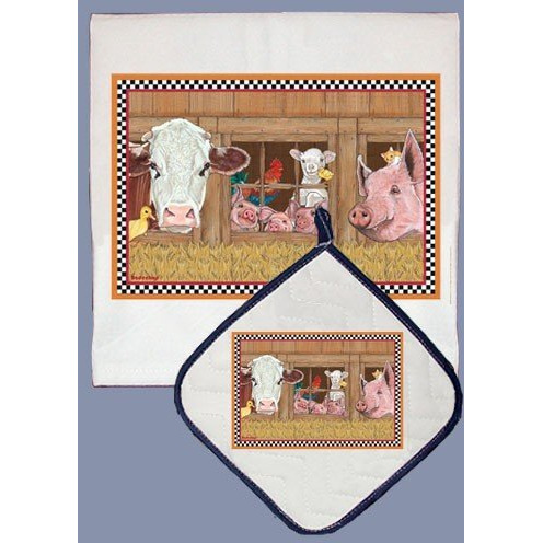 Pipsqueak Productions DP605 Barnyard Dish Towel and Pot Holder Set