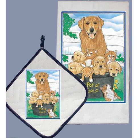 Pipsqueak Productions DP815 Golden Retriever Dish Towel And Pot Holder Set WLM