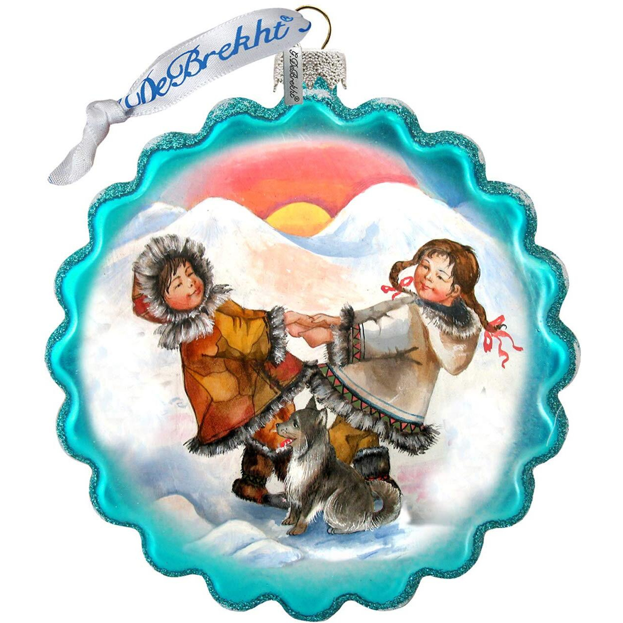 G. Debrekht Christmas Ornaments - Hand Painted Glass Scenic Ornament, Alaska Kids Wreath