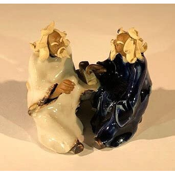 Bonsai Boy e3383 2 in. Ceramic Figurine - Two Men Sitting On A Bench44 White & Blue