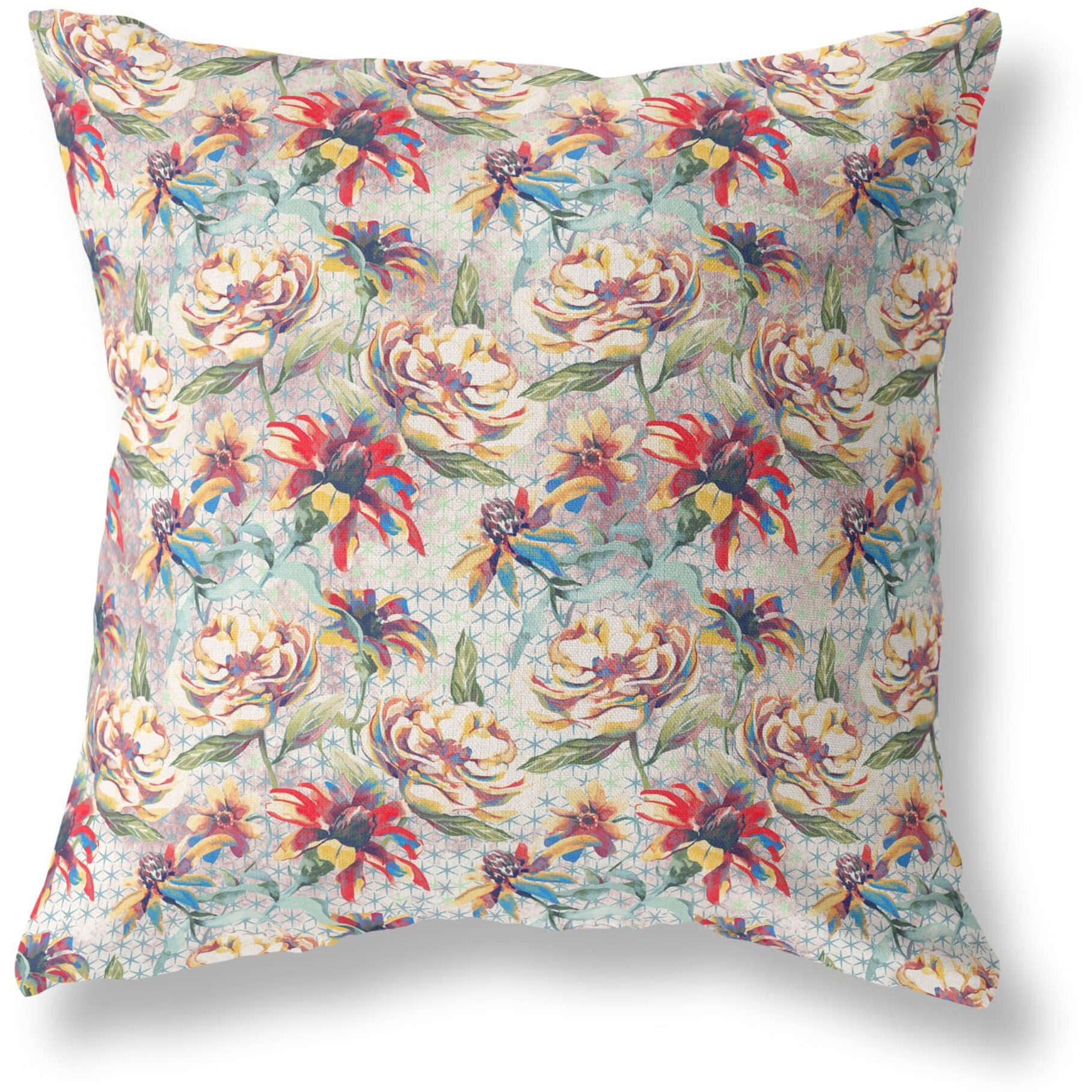 Amrita Sen Roses Sprayed Stars Indoor/Outdoor Pillow in Red Yellow Blue 26x26