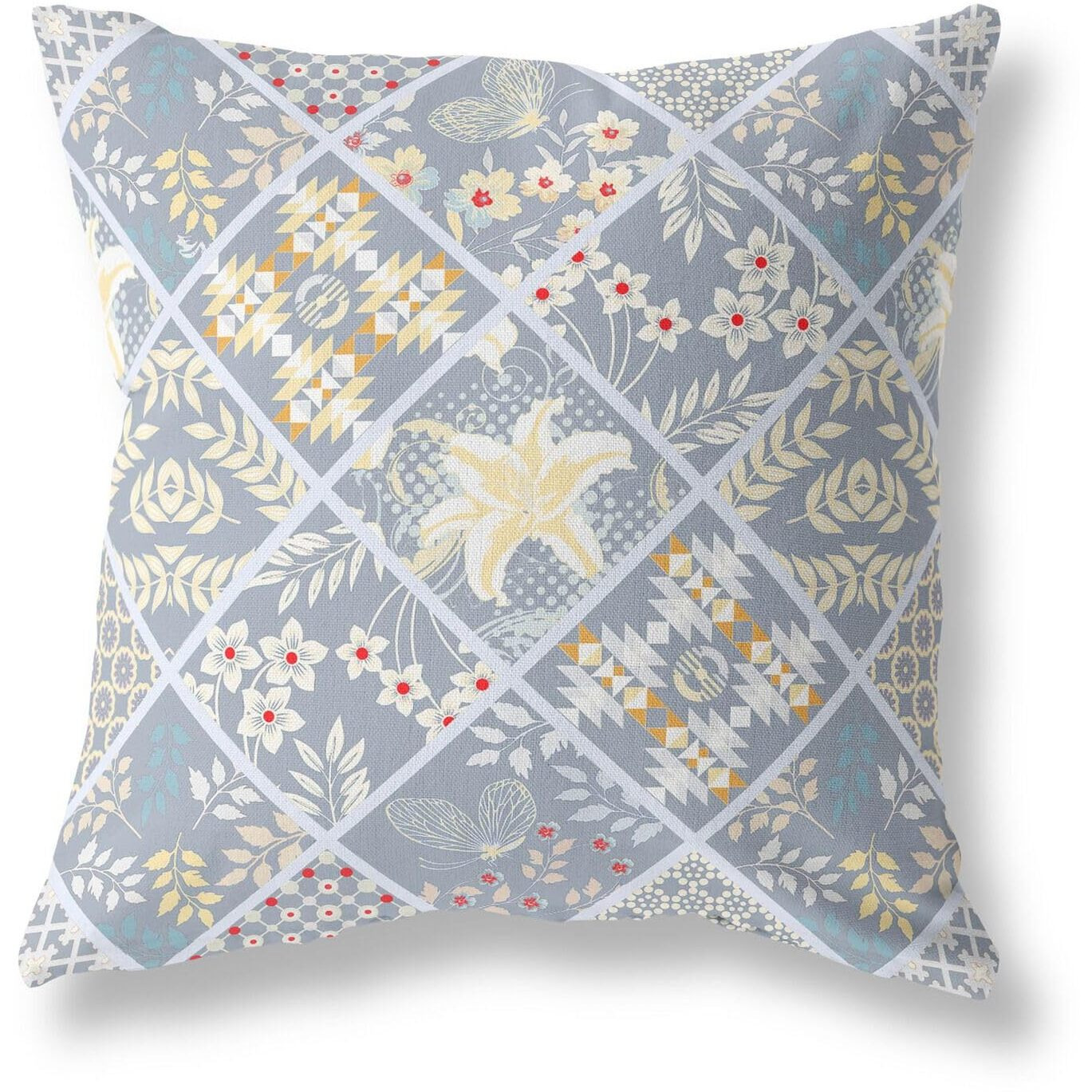 Amrita Sen Designs Fall Patch Snowflowers Indoor/Outdoor Fabric Pillow in Gray Yellow 26x26