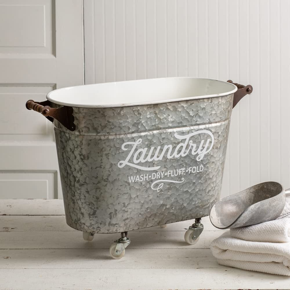 Colonial Tin Works Rolling Oval Laundry Bin, 24-inch Width
