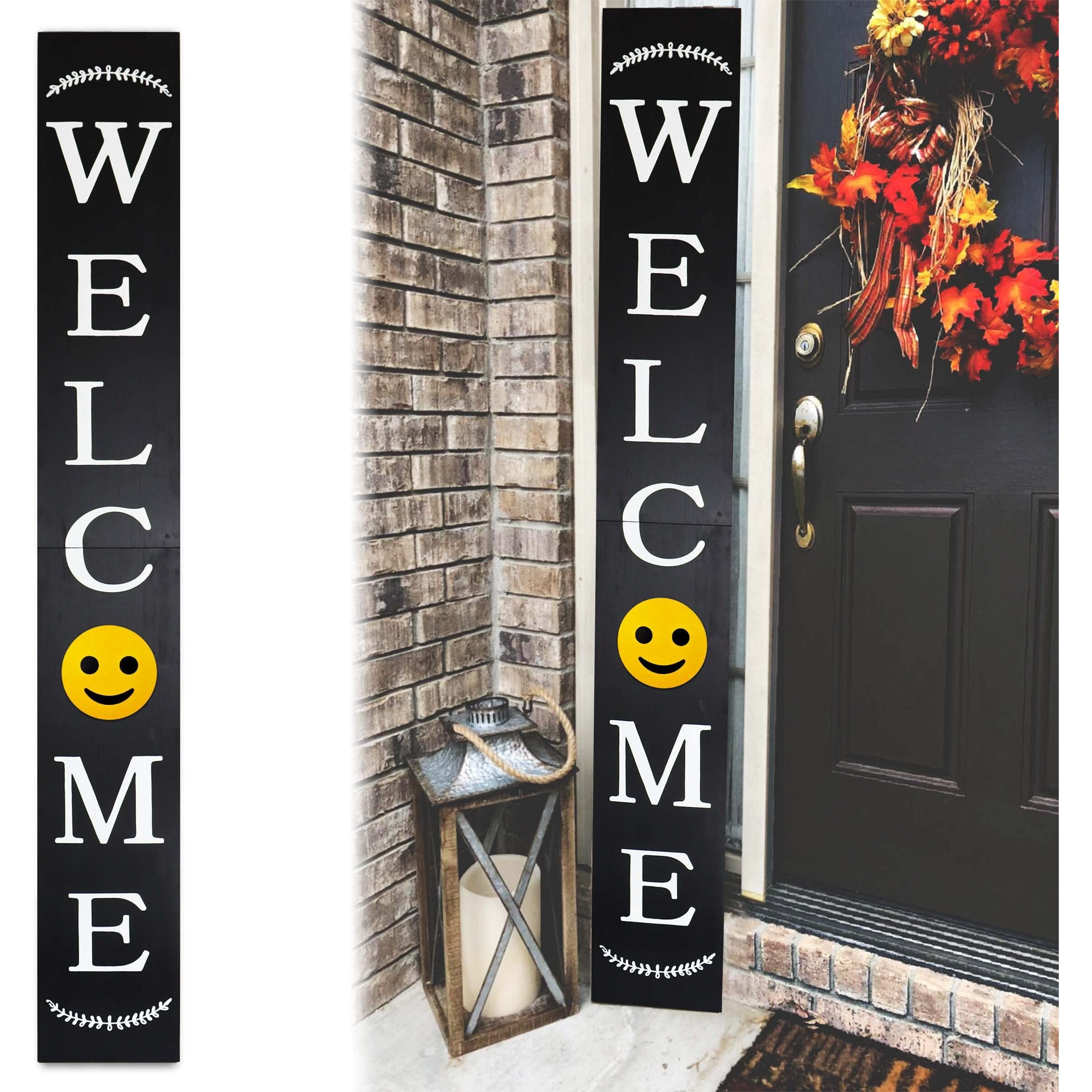 Tall Outdoor Smiley Black Modern Farmhouse Welcome Sign for Front Door, 6ft Black Welcome Sign,Rustic Tall Welcome Sign For Front Porch Decor, Welcome Porch Sign Wood Vertical Dcor