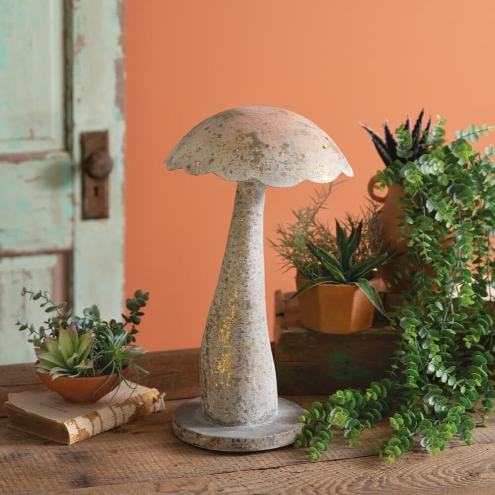 Colonial Tin Works Small Decorative Mushroom Sculpture, 18-inch Height, Tabletop Decoration, White, 440365