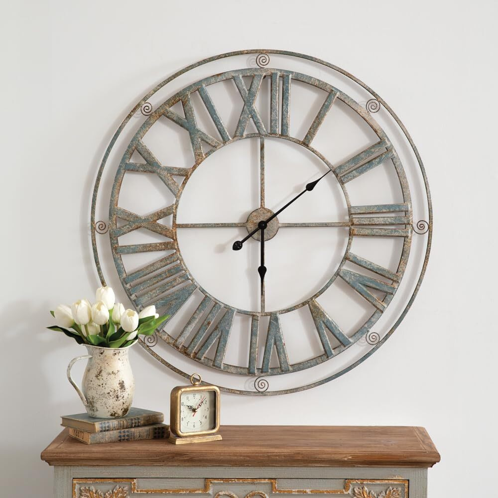 Colonial Tin Works Farmhouse Denim Wall Clock, 35-inch Diameter, Wall Hanging Time Decoration, Gray, 440362