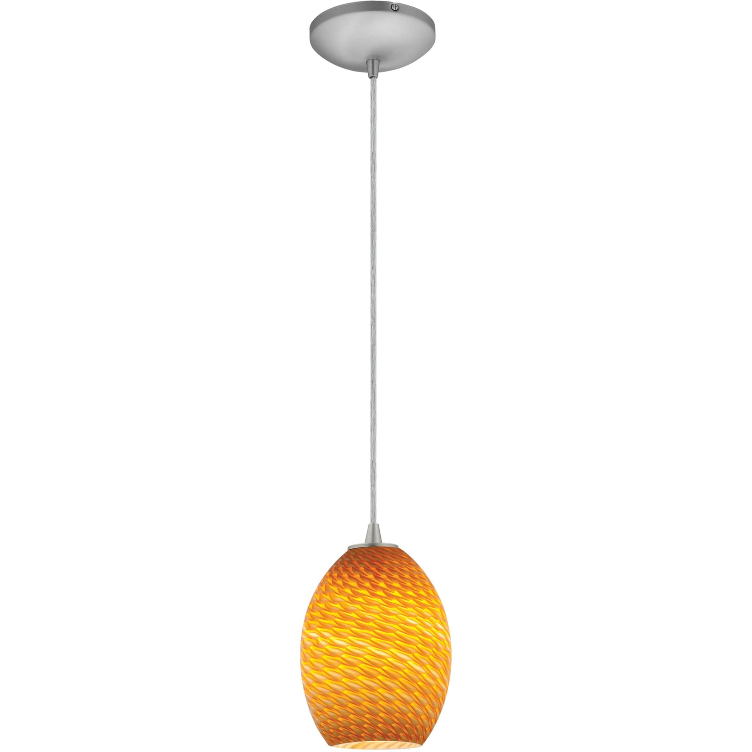 Brandy FireBird Glass Pendant - 1-Light Pendant - Cord - Brushed Steel Finish - Amber Firebird Glass Shade