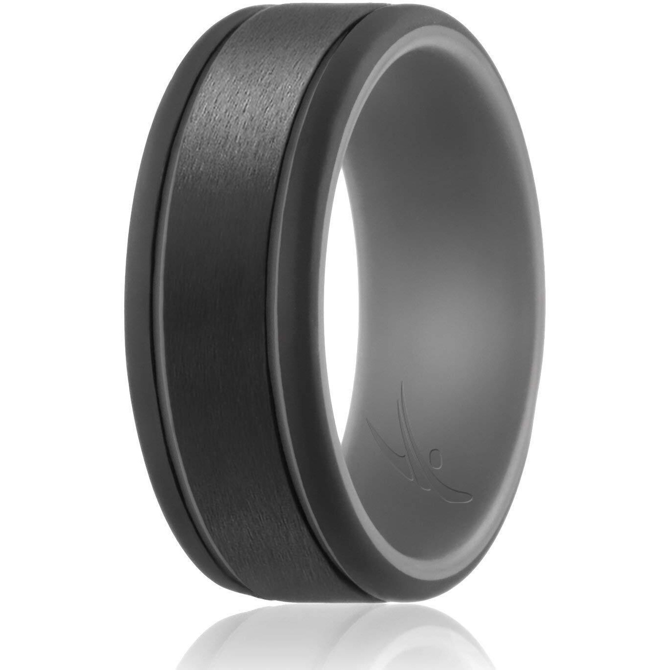 ROQ Silicone Rubber Wedding Ring for Men, Comfort Fit, Men's Wedding Band, Breathable Rubber Engagement Band, 9mm Wide 2mm Thick, 2 Thin Lines Duo Collection, Single, Grey & Black, Size 10