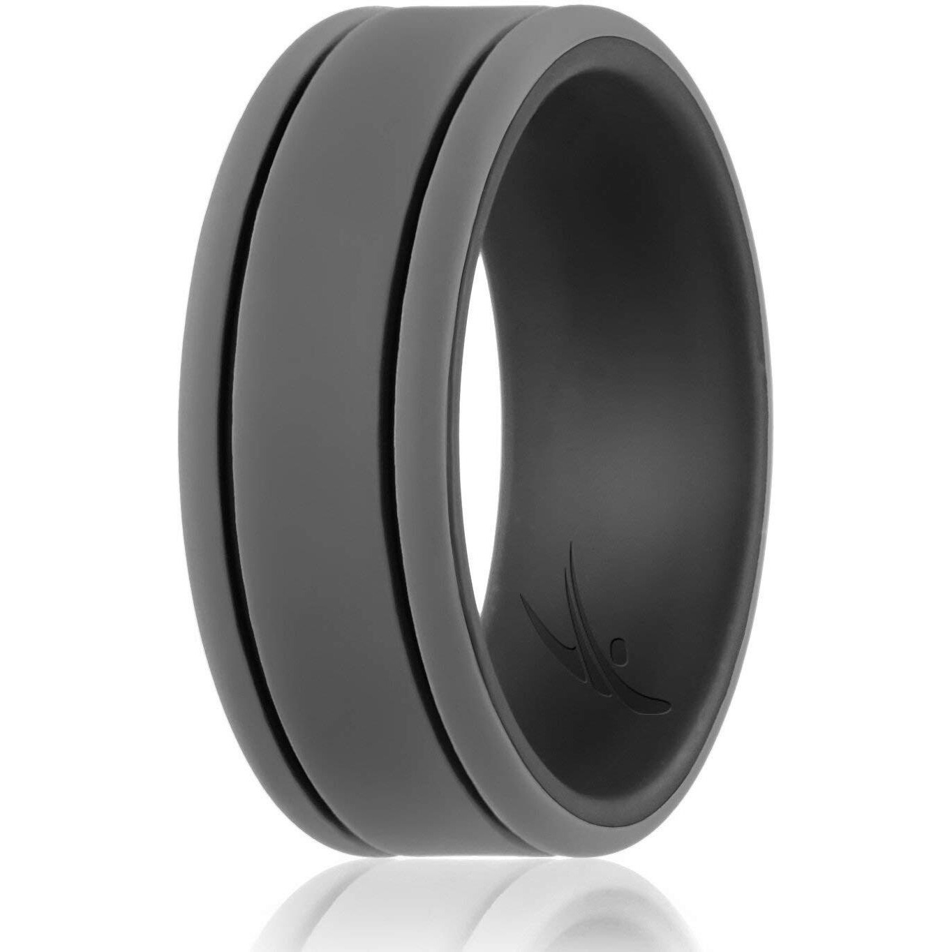ROQ Silicone Rubber Wedding Ring for Men, Comfort Fit, Men's Wedding Band, Breathable Rubber Engagement Band, 9mm Wide 2mm Thick, 2 Thin Lines Duo Collection, Single, Black & Grey, Size 7