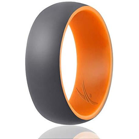 ROQ Silicone Rubber Wedding Ring for Men, Comfort Fit, Men's Wedding Band, Breathable Rubber Engagement Band, 9mm Wide 2mm Thick, Dome Style Duo Collection, Single, Grey & Orange, Size 16