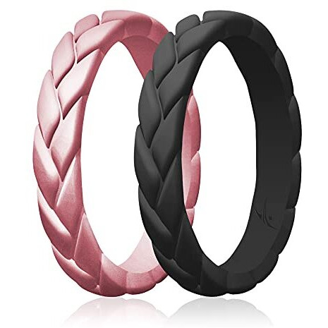 Silicone Wedding Leaves Ring Set - Metal-Pink by ROQ for Women - 2 x 6 mm Ring