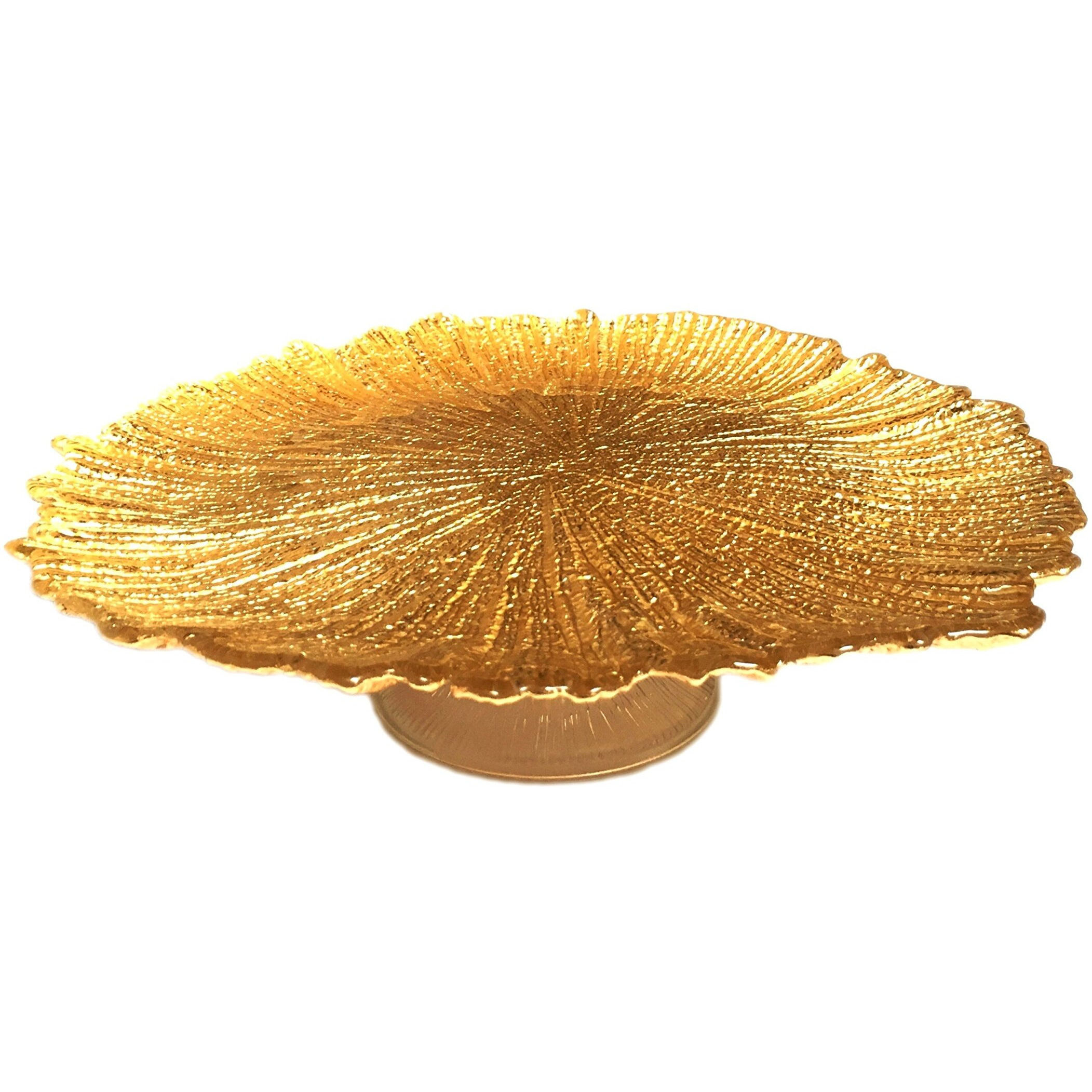 Red Pomegranate Brilliant Coral Gold Footed Cake Plate 15-Inch