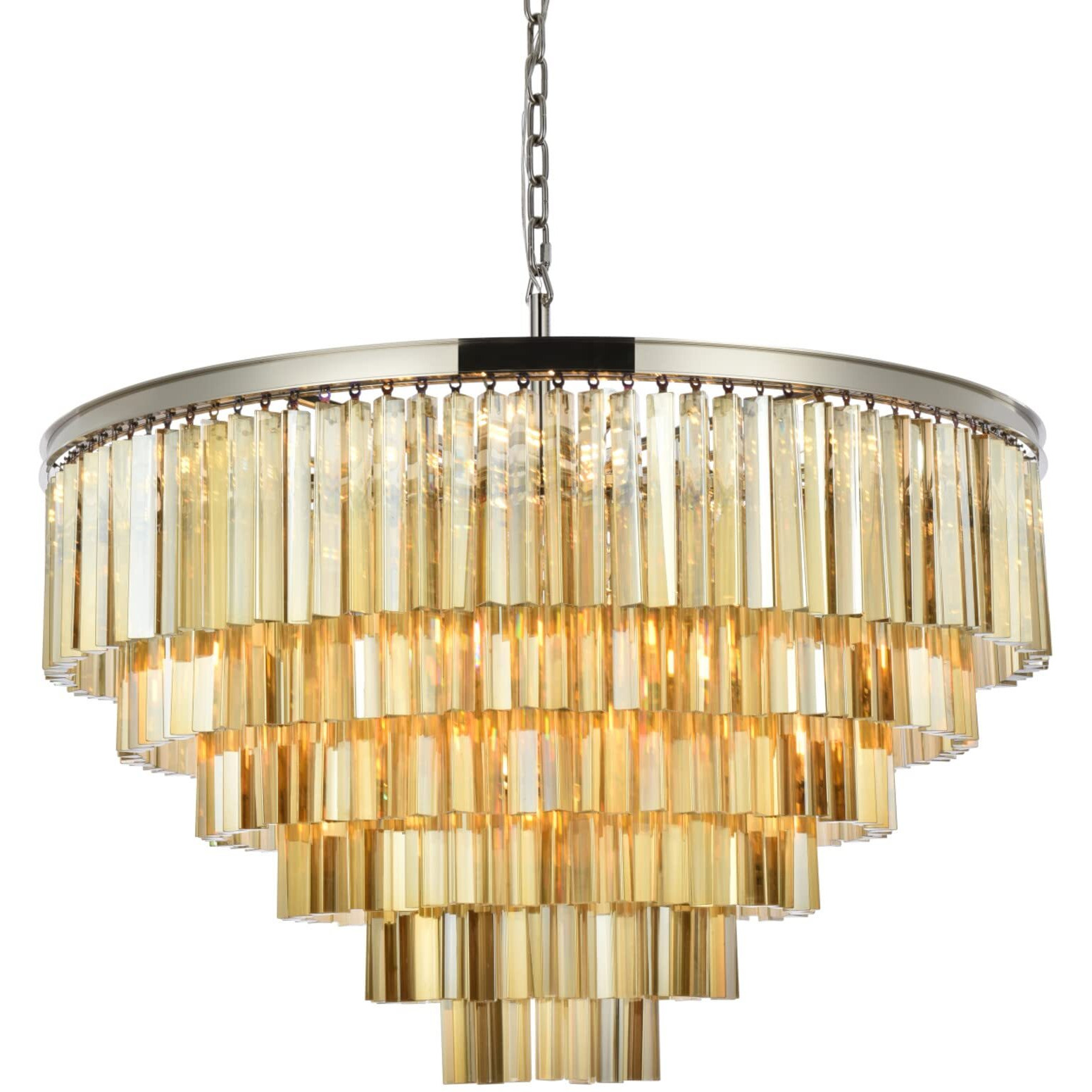Elegant Lighting Sydney Collection 33-Light Pendant Lamp with Royal Cut Golden Teak Crystals, Polished Nickel Finish