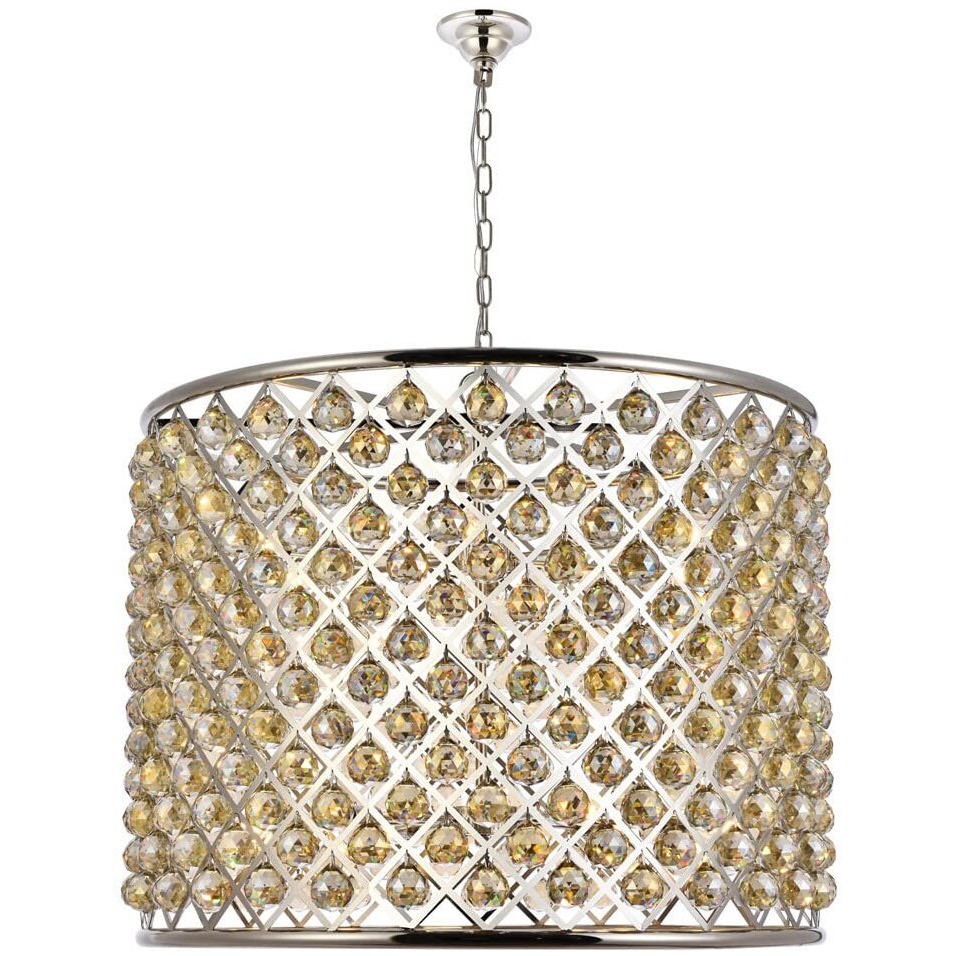 Elegant Lighting Madison Collection 12-Light Pendant Lamp with Royal Cut Golden Teak Crystals, Polished Nickel Finish