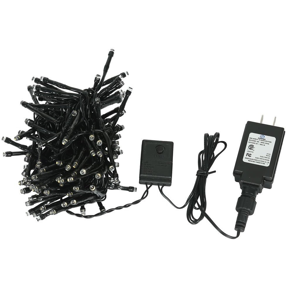 Vickerman 144Lt Warm White 2 Function Spider Set, 24' Long, 2" Bulb Spacing, Functions of Flashing and Steady On, Black Wire with 36" Lead, Uses CSA-Us 24Volt Power Adpater. Indoor/Outdoor use.