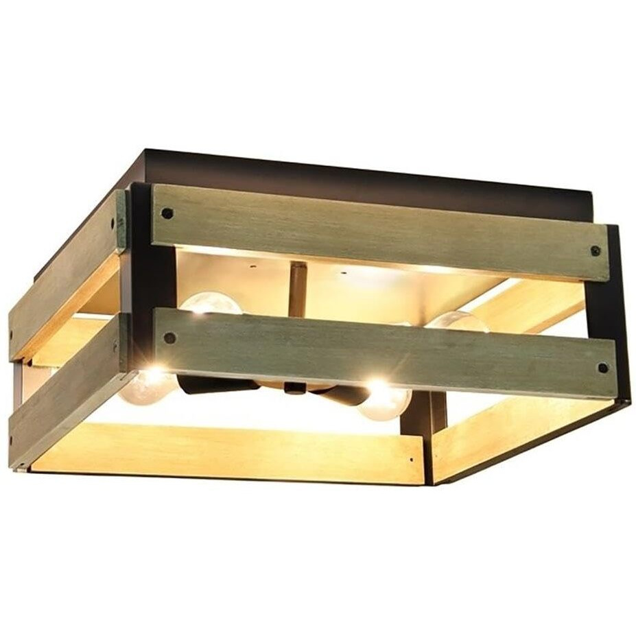 All The Rages Barnlit 4-Light Square Metal Flush Mount in Medium Wood