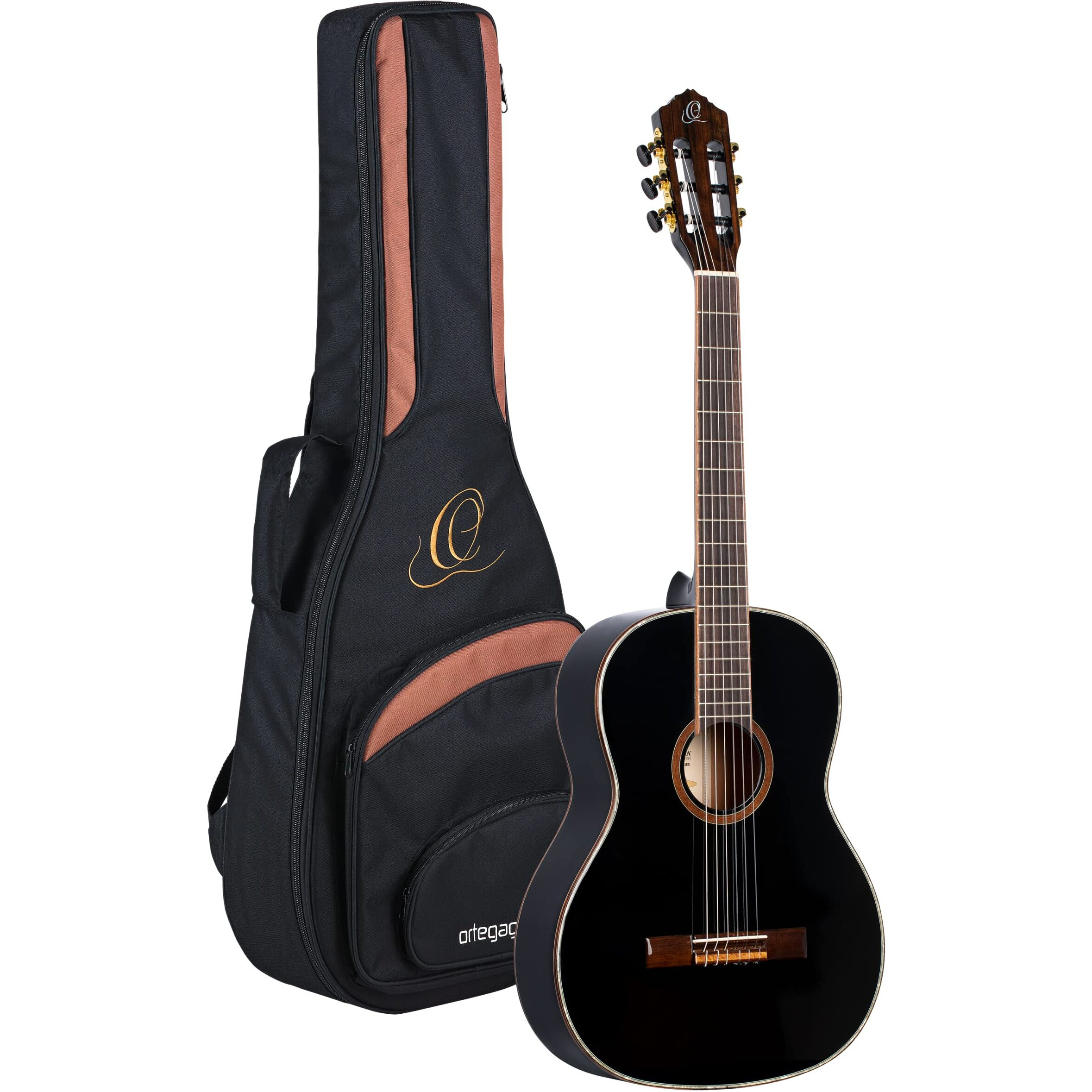 Ortega Guitars 6 String Family Series Size Nylon Classical Guitar w/Bag, Right, Spruce Top-Black-Gloss, Full - Slim Neck (R221SNBK)