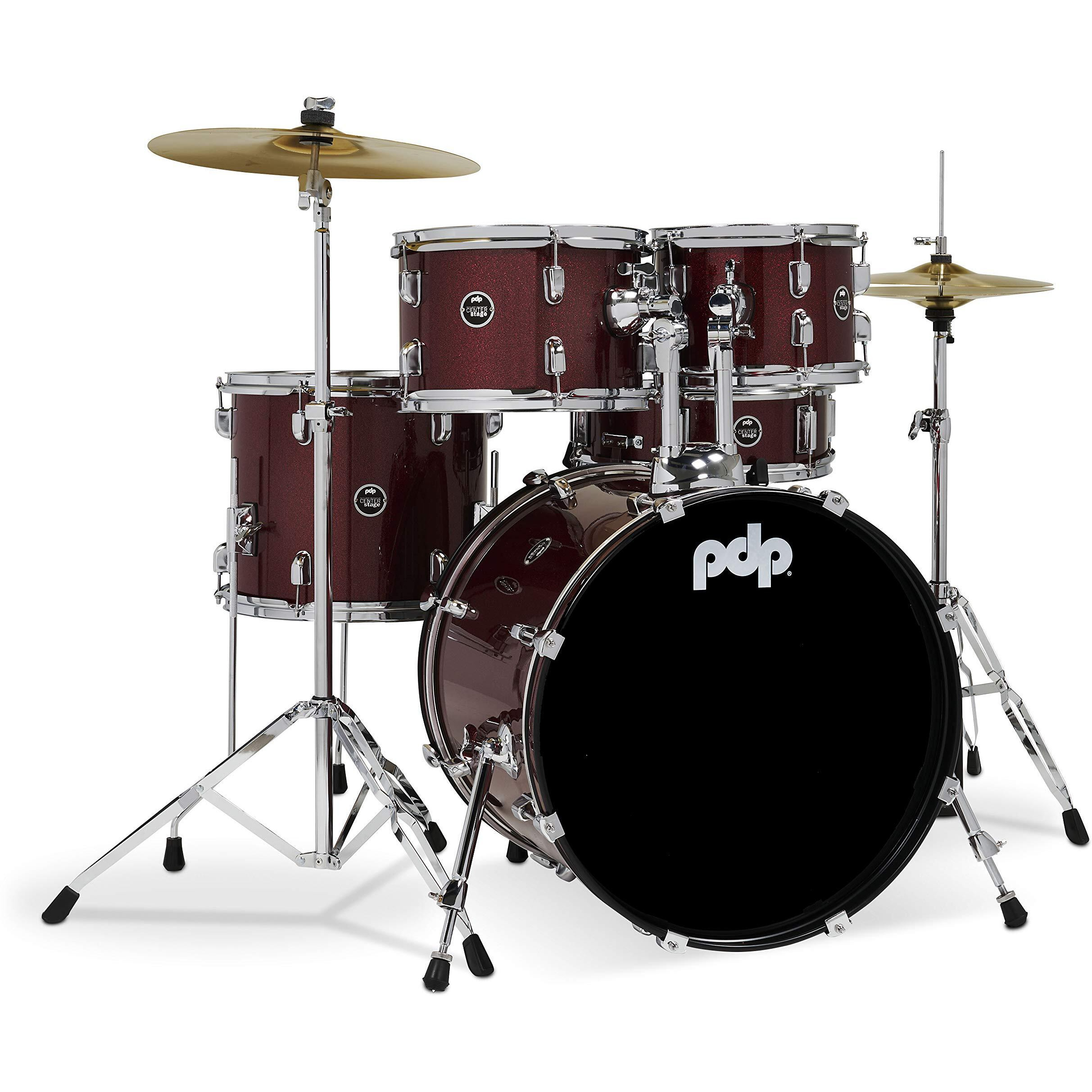Pacific Drums Center Stage Complete Drumkit, 5 Drum Set, Ruby Red Sparkle, 7x10, 8x12, 12x14 Floor, 14x20 Kick, 5x14 Snare (PDCE2015KTRR)