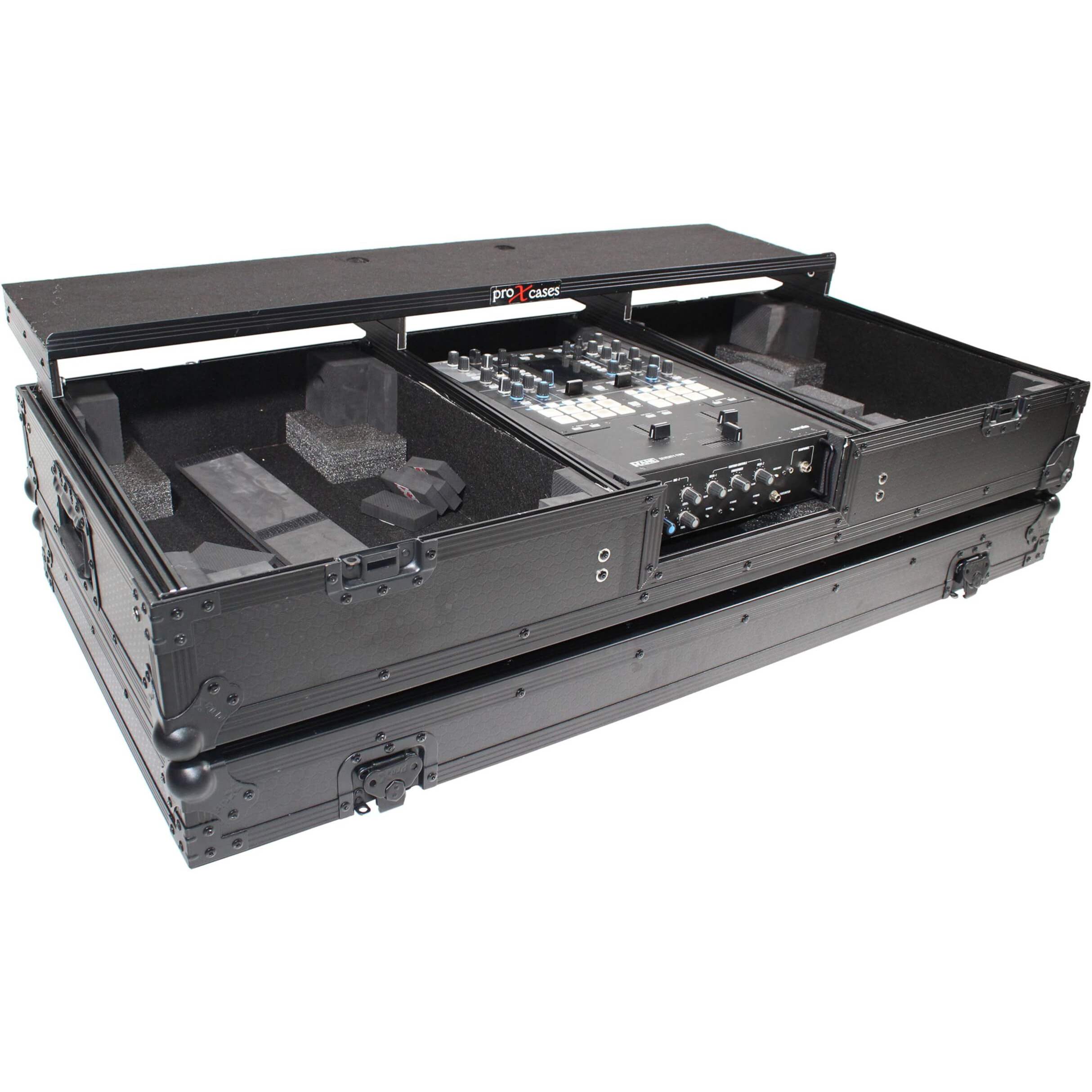 ProX XS-TMC1012WLTFBTLBL Flight Coffin Case For 12" Rane 72 Mixer and 2 Turntables in Battle Mode W/Laptop Shelf and Wheels Black on Black