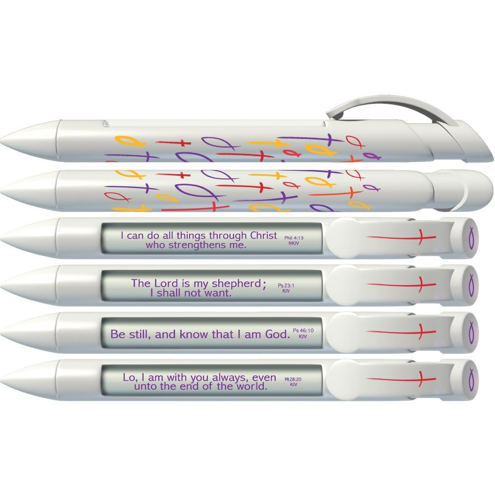 Greeting Pen &quotCross & Fish" Scripture Pens, Scripture Verses with Rotating Messages, 6 Pen Set (36001)