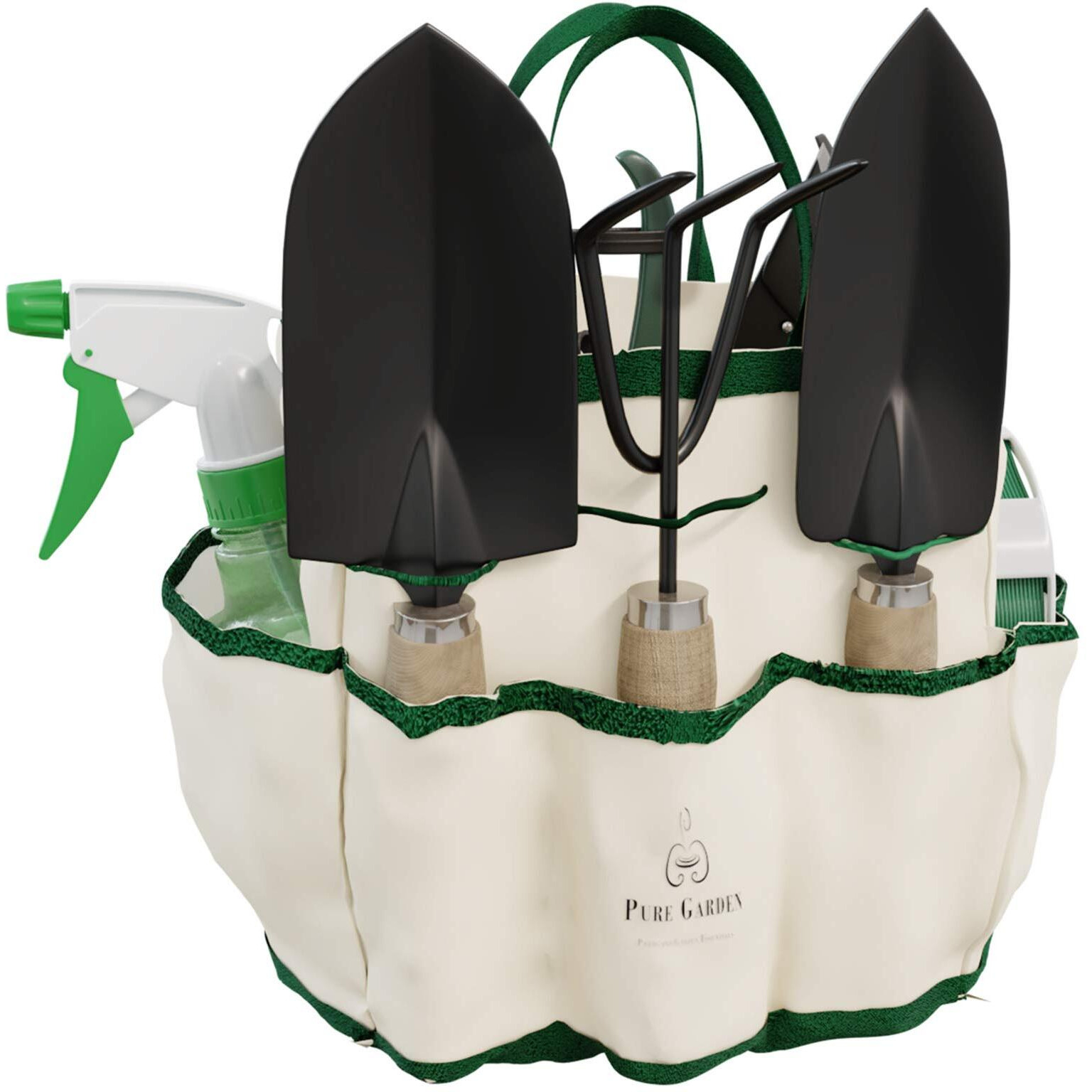 8-Piece Garden Hand Tool Set - Canvas Tote Gardening Tool Kit with Snip, Pruner, Rake, Trowel, Shovel, Spray Bottle, and Soft Wire Tie by Pure Garden