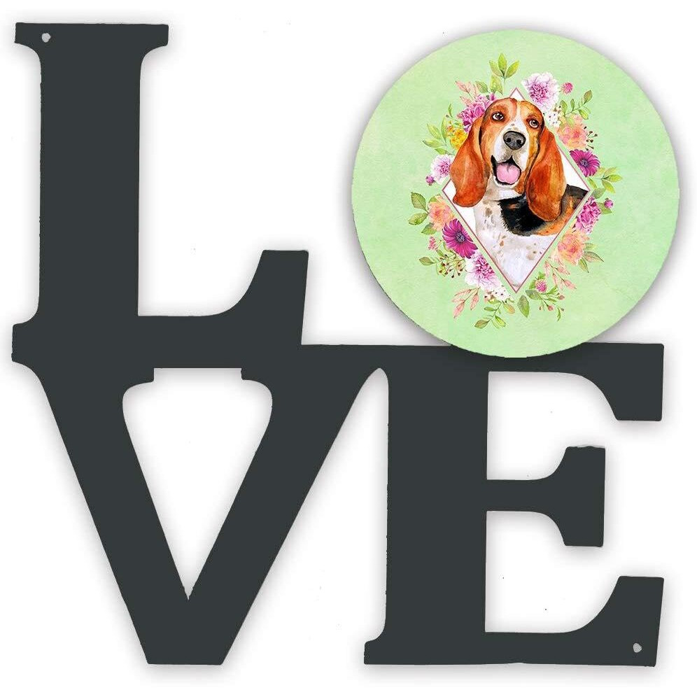 Caroline's Treasures CK4276WALV Basset Hound Green Flowers Metal Wall Artwork LOVE Indoor Outdoor Art Decor Patio, Bathroom, Kitchen Colorful Aluminum and Black Steel Sculpture