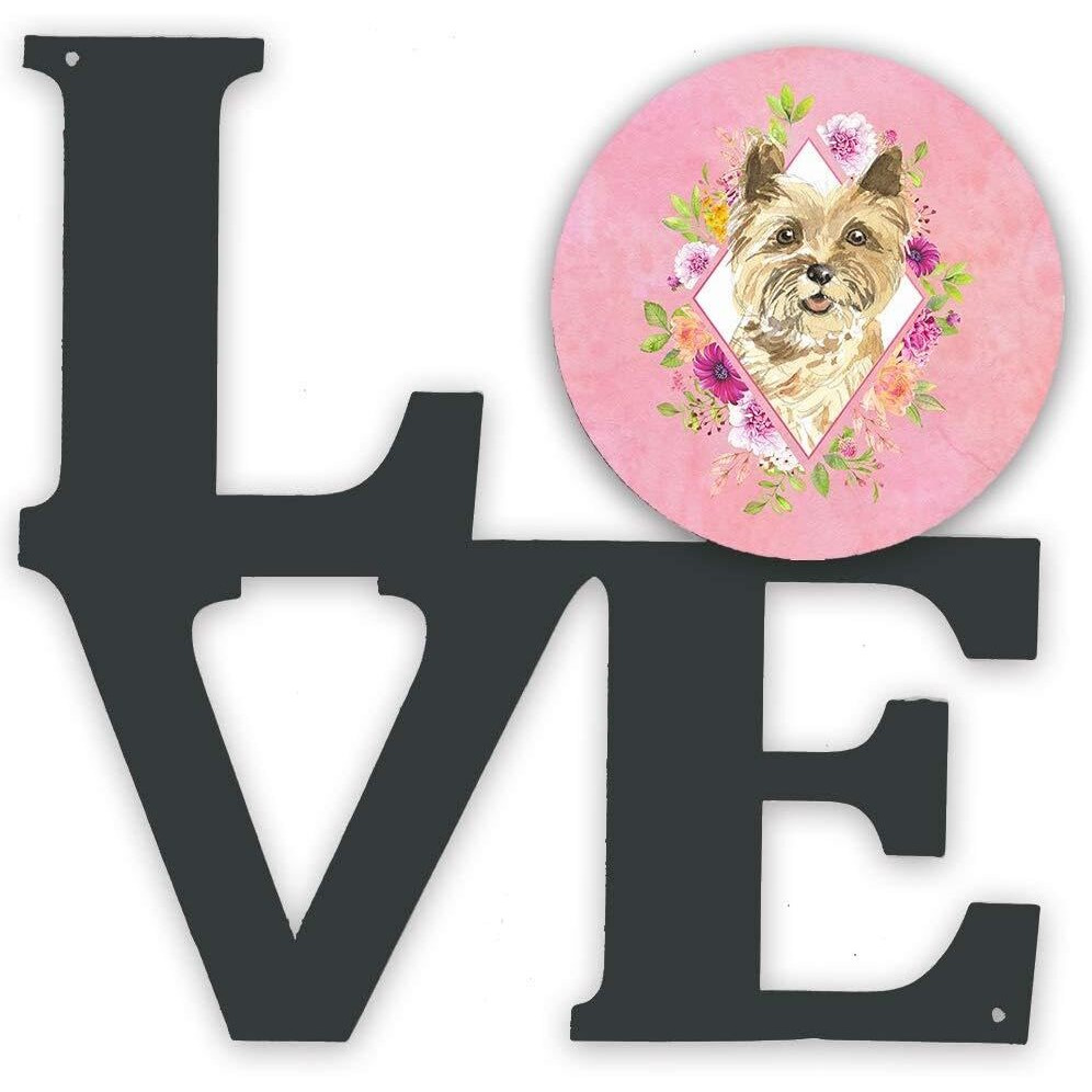 Caroline's Treasures CK4250WALV Cairn Terrier Pink Flowers Metal Wall Artwork LOVE Indoor Outdoor Art Decor Patio, Bathroom, Kitchen Colorful Aluminum and Black Steel Sculpture