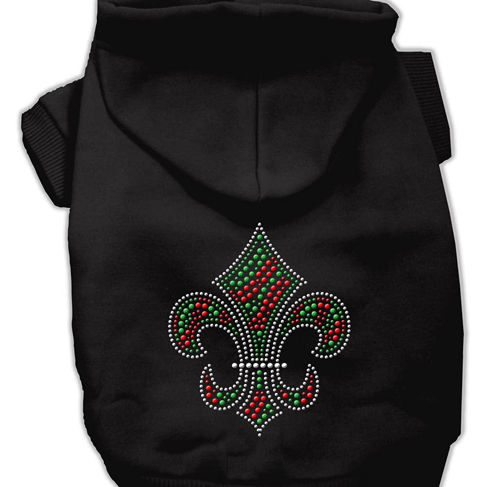 Christmas Pet Dog & Cat Hoodie Rhinestone, &quotHoliday Fleur De Lis" Black LG (10-14 lbs.)