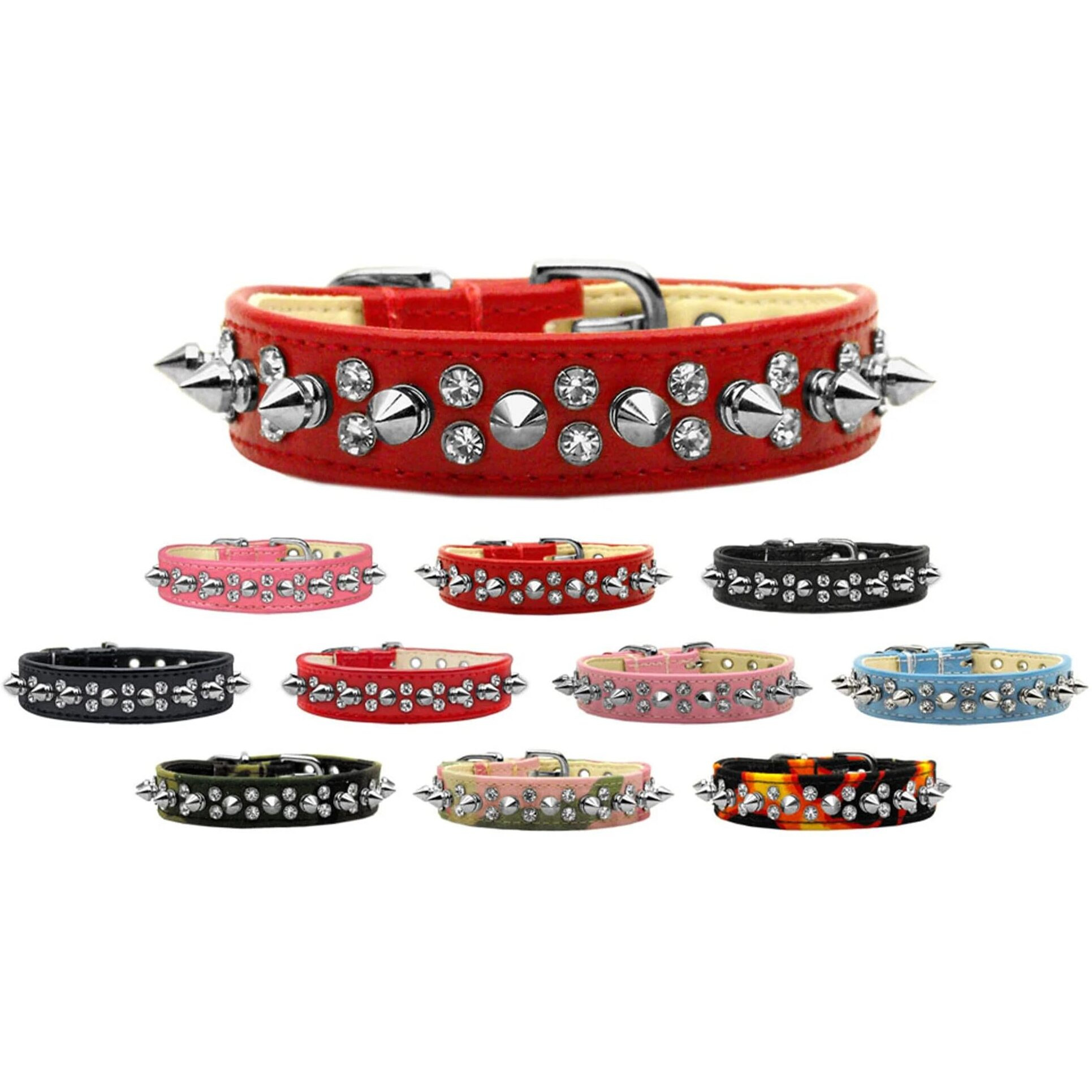 Pet and Dog Spike Collar, &quotDouble Crystal & Spikes" Pink 10