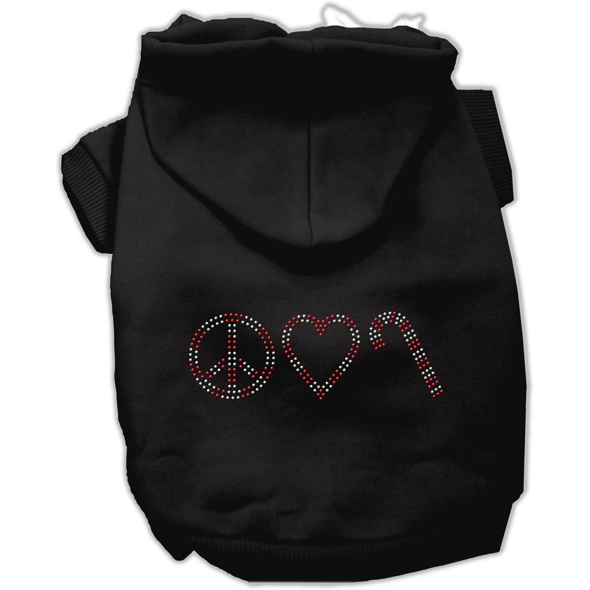 Christmas Pet Dog & Cat Hoodie Rhinestone, &quotPeace, Love and Candy Canes" Black SM (3-6 lbs.)