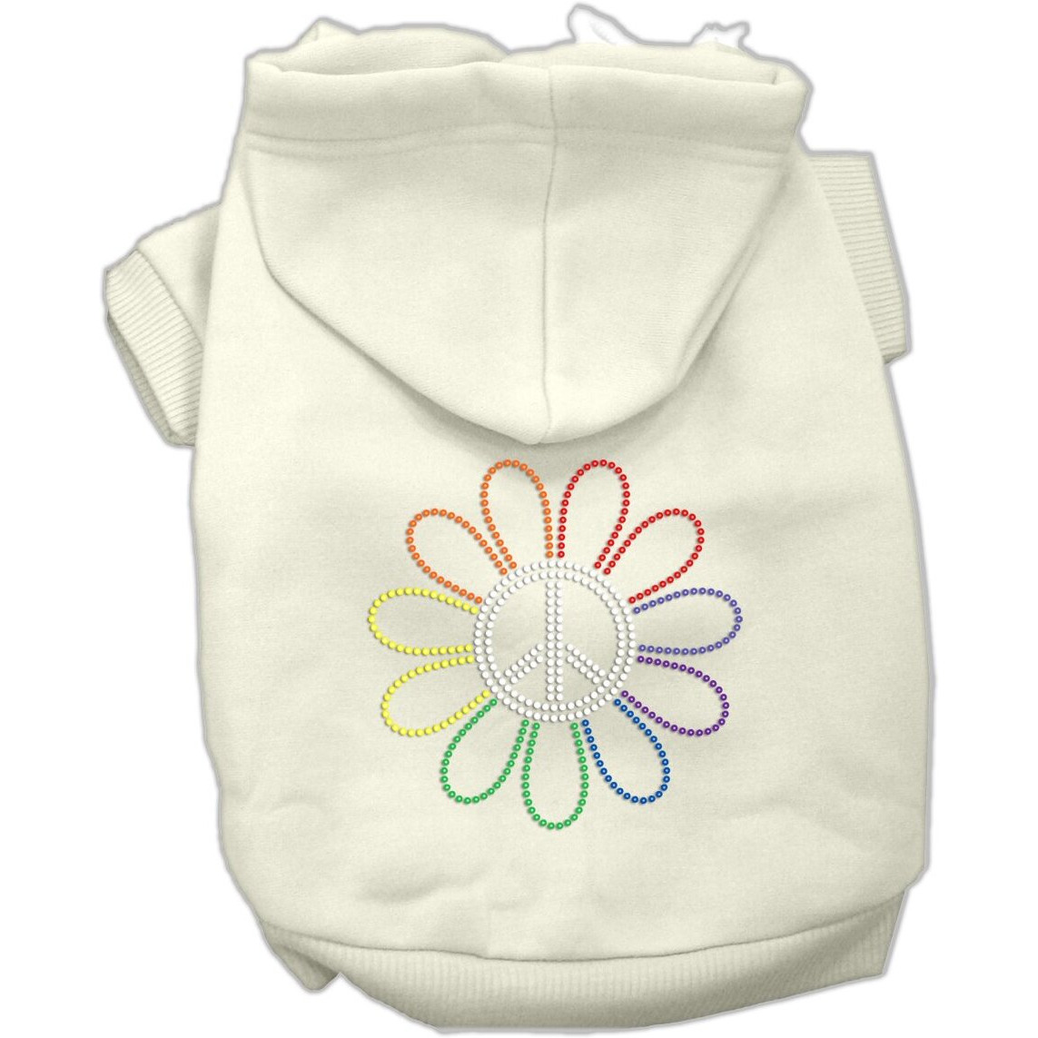 Pet, Dog & Cat Hoodie Rhinestone, &quotRainbow Flower Peace Sign" Cream SM (3-6 lbs.)