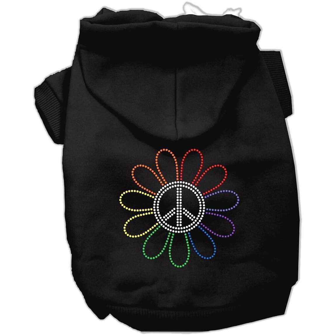 Pet, Dog & Cat Hoodie Rhinestone, &quotRainbow Flower Peace Sign" Black XS (0-3 lbs.)