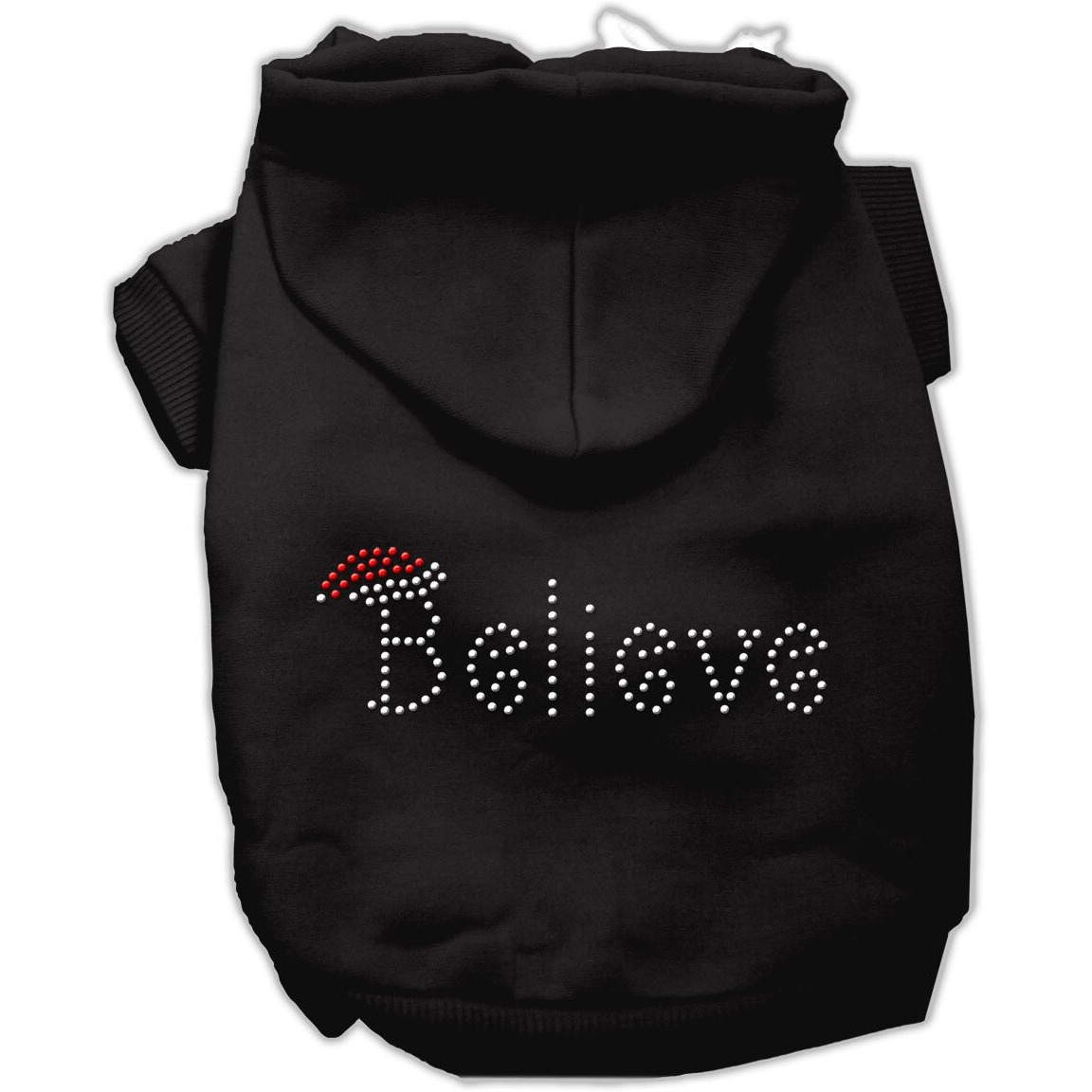 Christmas Pet Dog & Cat Hoodie Rhinestone, &quotBelieve" Black XS (0-3 lbs.)