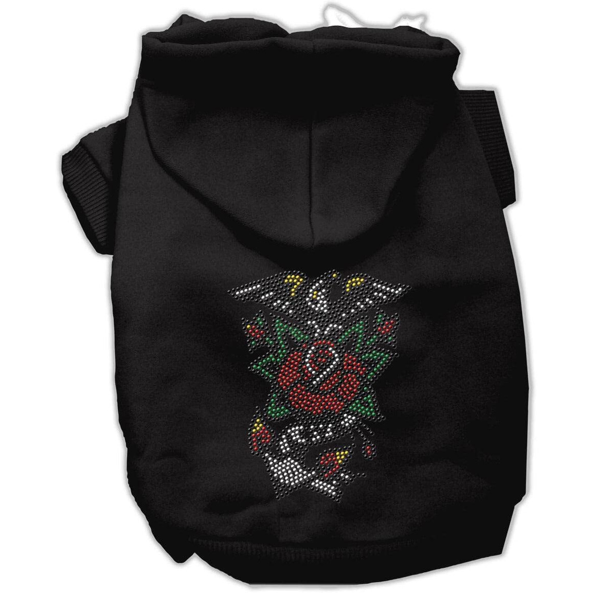Pet, Dog & Cat Hoodie Nailhead Rhinestone, &quotEagle Rose" Black 3XL (25-35 lbs.)