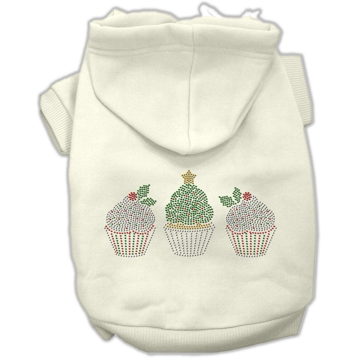 Christmas Pet, Dog & Cat Hoodie Rhinestone, &quotChristmas Cupcake Trio" Cream LG (10-14 lbs.)