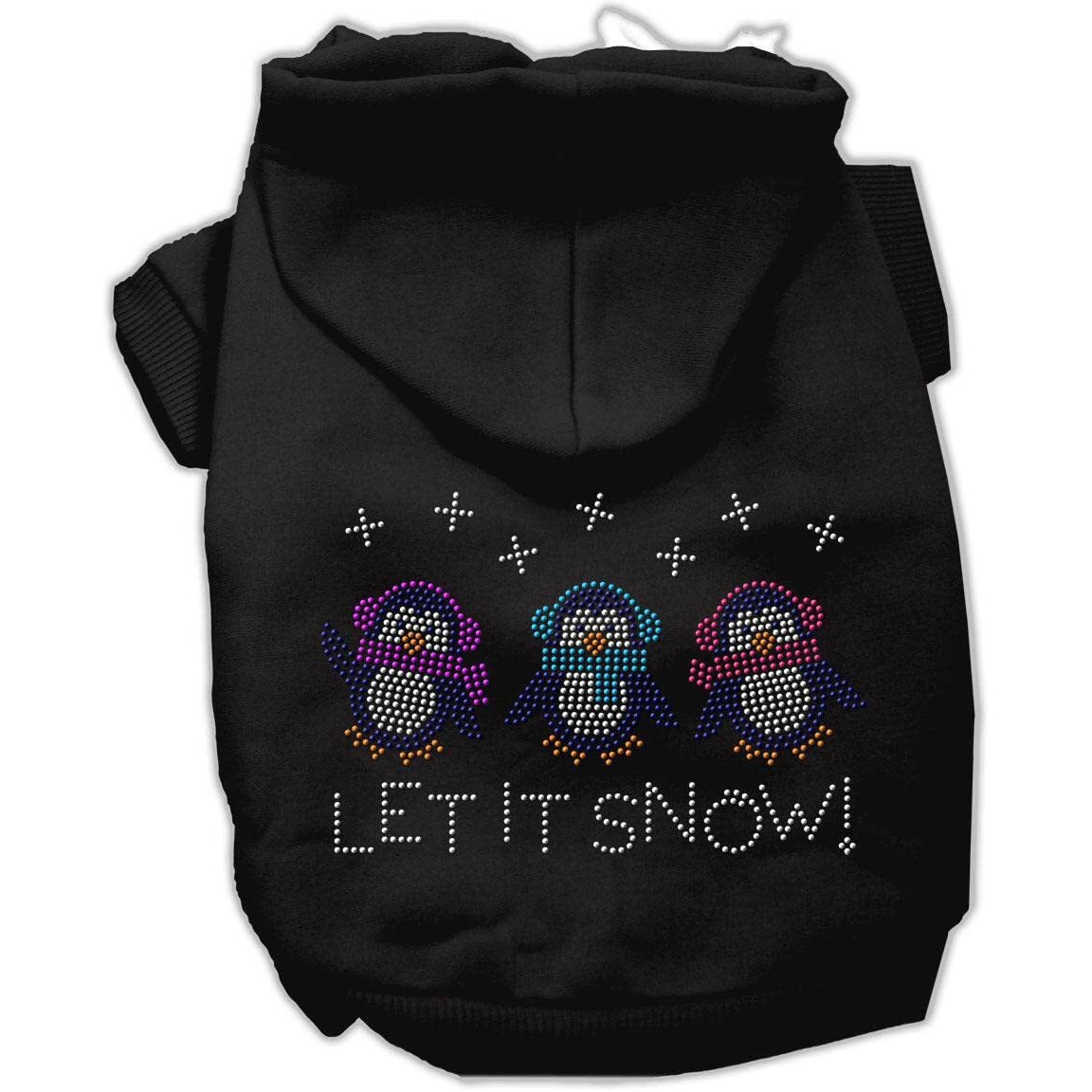 Christmas Pet Dog & Cat Hoodie Rhinestone, &quotLet It Snow Penguins" Black MD (6-10 lbs.)
