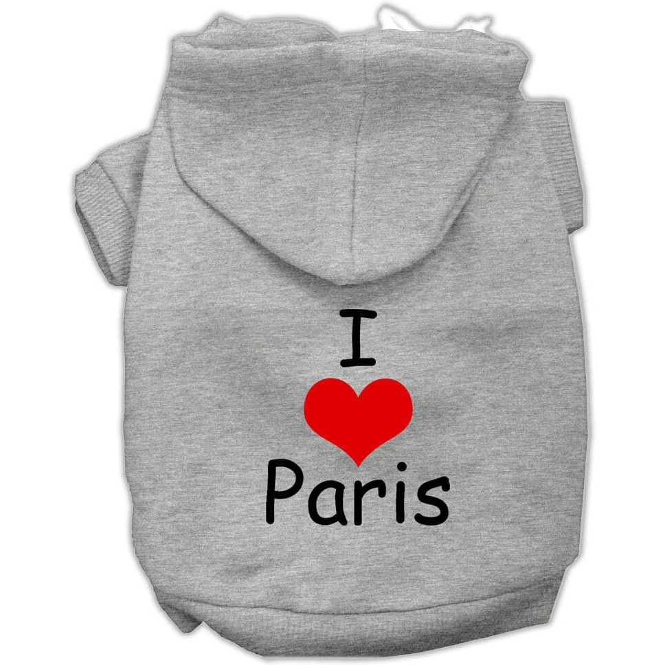 Pet, Dog & Cat Hoodie Screen Printed, &quotI Love Paris" Gray 3XL (25-35 lbs.)