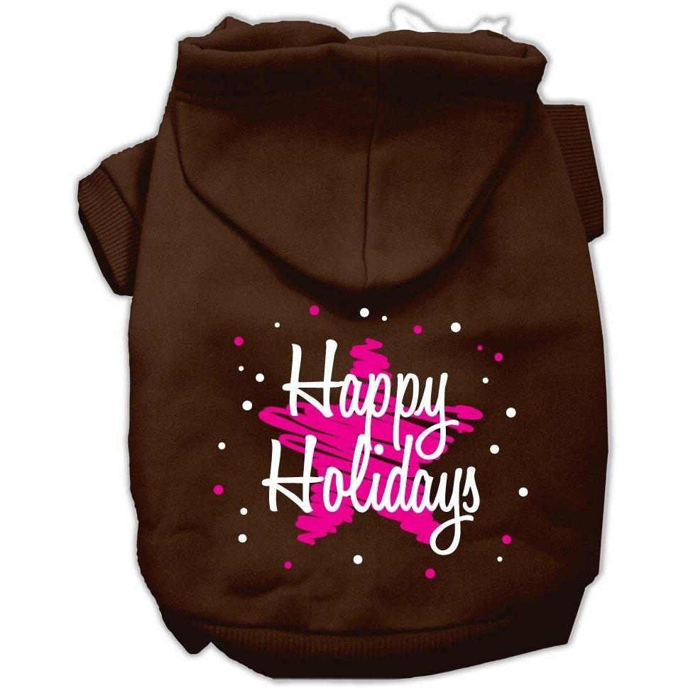 Christmas Pet Dog & Cat Hoodie Screen Printed, &quotScribble Happy Holidays" Brown MD (6-10 lbs.)