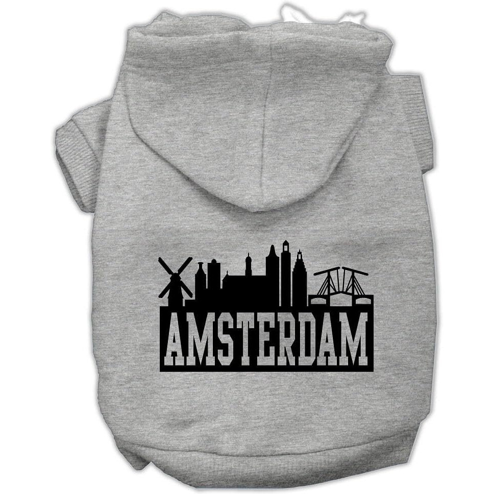 Pet, Dog & Cat Hoodie Screen Printed, &quotAmsterdam Skyline" Gray 3XL (25-35 lbs.)