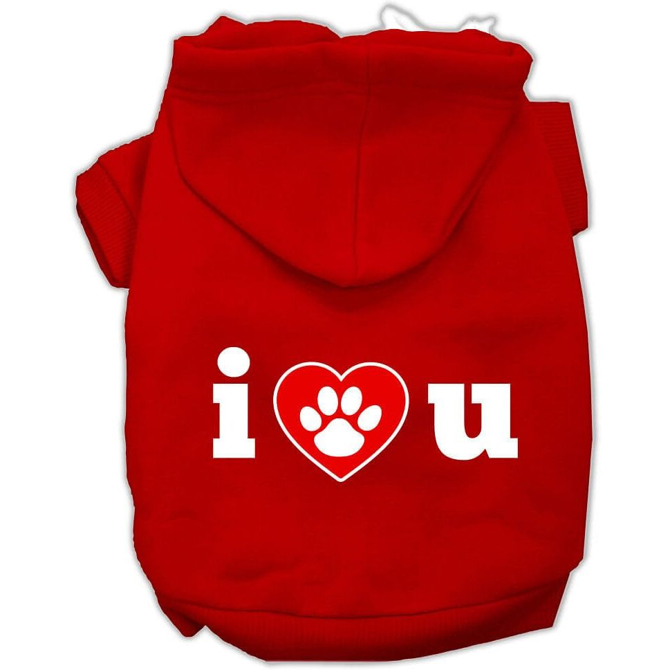 Pet Dog & Cat Hoodie Screen Printed, &quotI Love U" Red SM (3-6 lbs.)