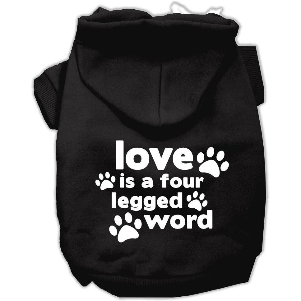 Pet Dog & Cat Hoodie Screen Printed, &quotLove Is A Four Legged Word" Black MD (6-10 lbs.)
