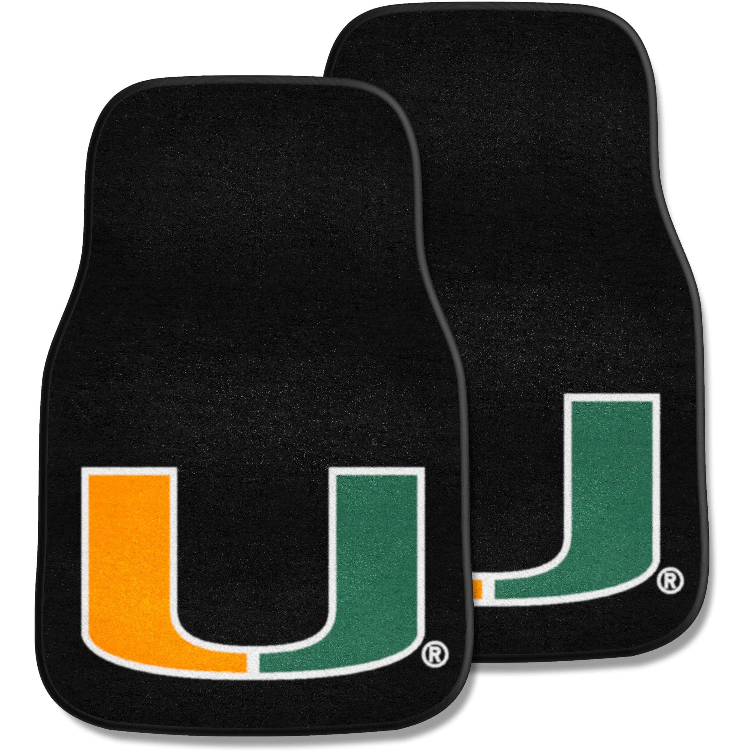 FANMATS 5526 Miami Hurricanes Front 2-Piece Team Logo Carpet Car Mat Set, Front Row Automotive Floor Mats, Non-Slip Backing, Team Colors - U Primary Logo, Black