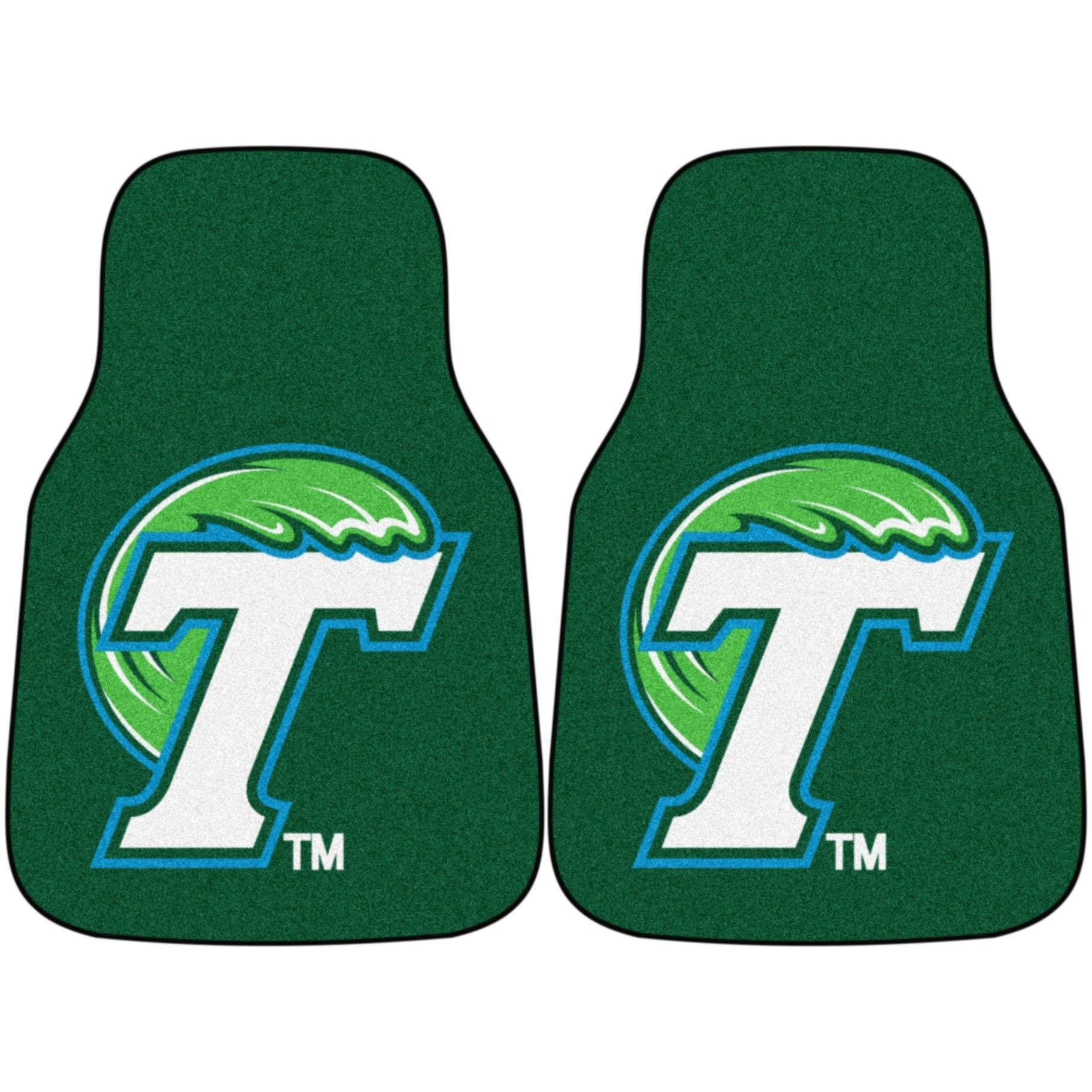 FANMATS 5418 Tulane Green Wave Front 2-Piece Team Logo Carpet Car Mat Set, Front Row Automotive Floor Mats, Non-Slip Backing, Team Colors