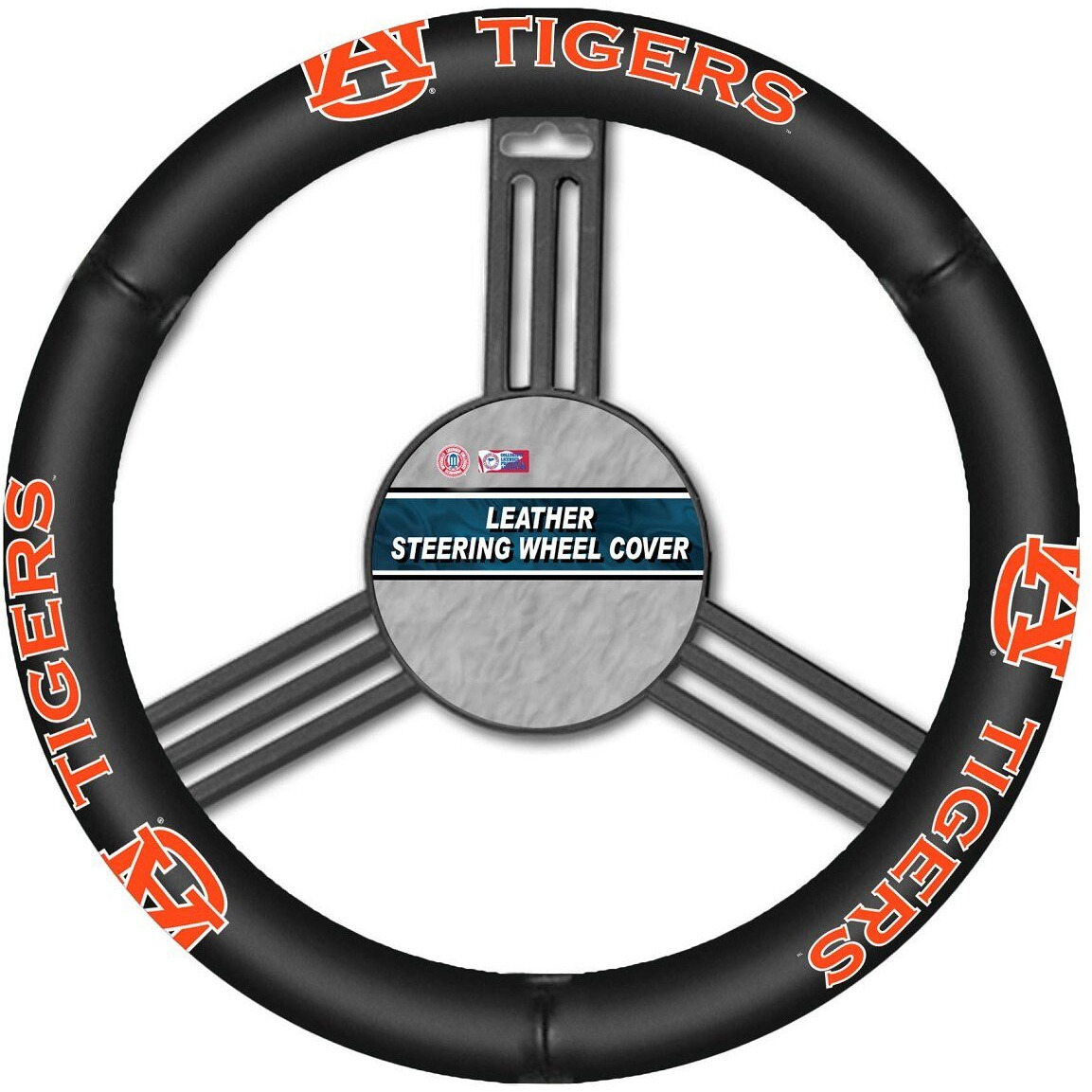 Fremont Die NCAA Auburn Tigers Leather Steering Wheel Cover, Fits Most Steering Wheels, Black/Team Colors