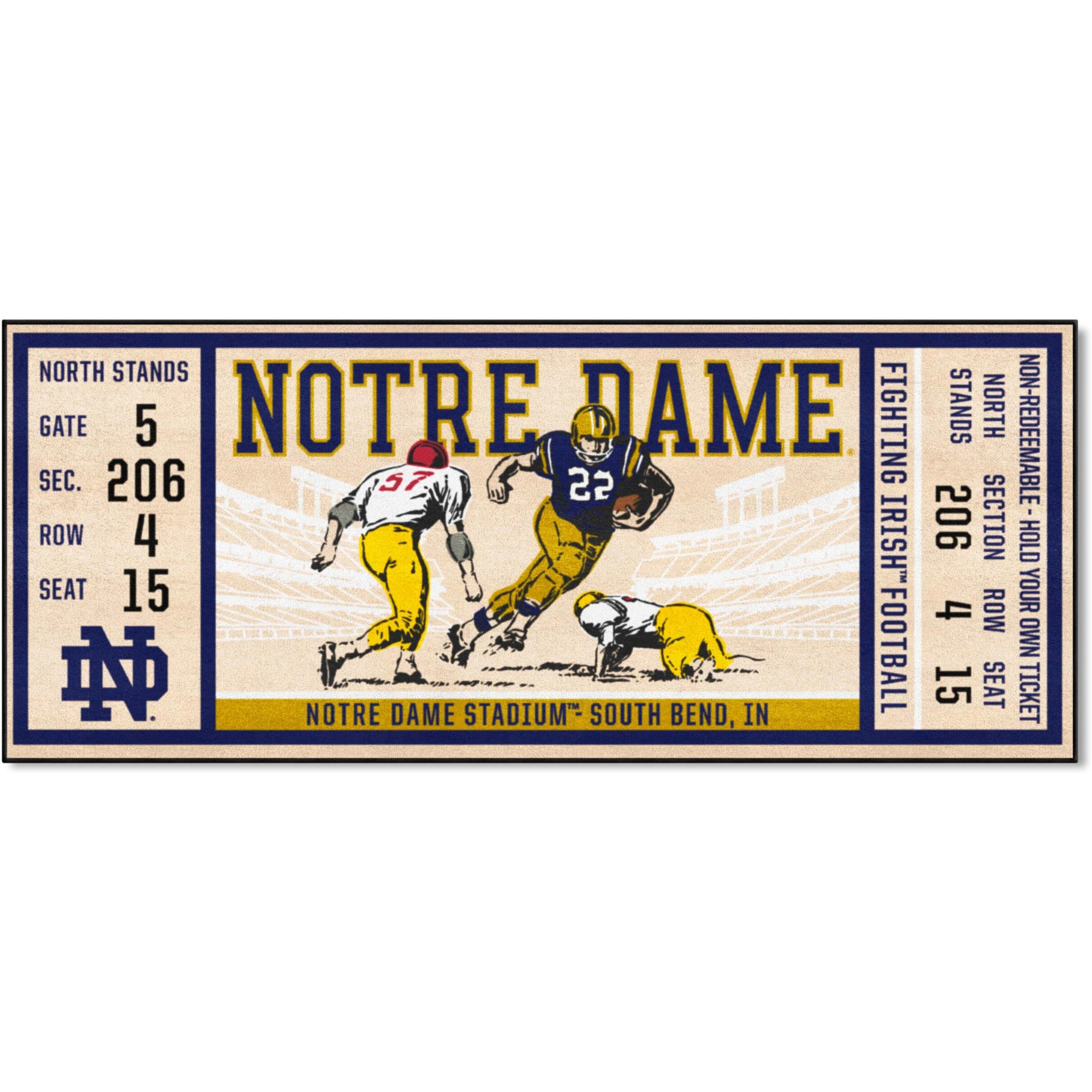 FANMATS 23145 NCAA - Notre Dame Fighting Irish Ticket Design Runner Rug - 30in. x 72in. | Sports Fan Area Rug, Home Decor Rug and Tailgating Mat
