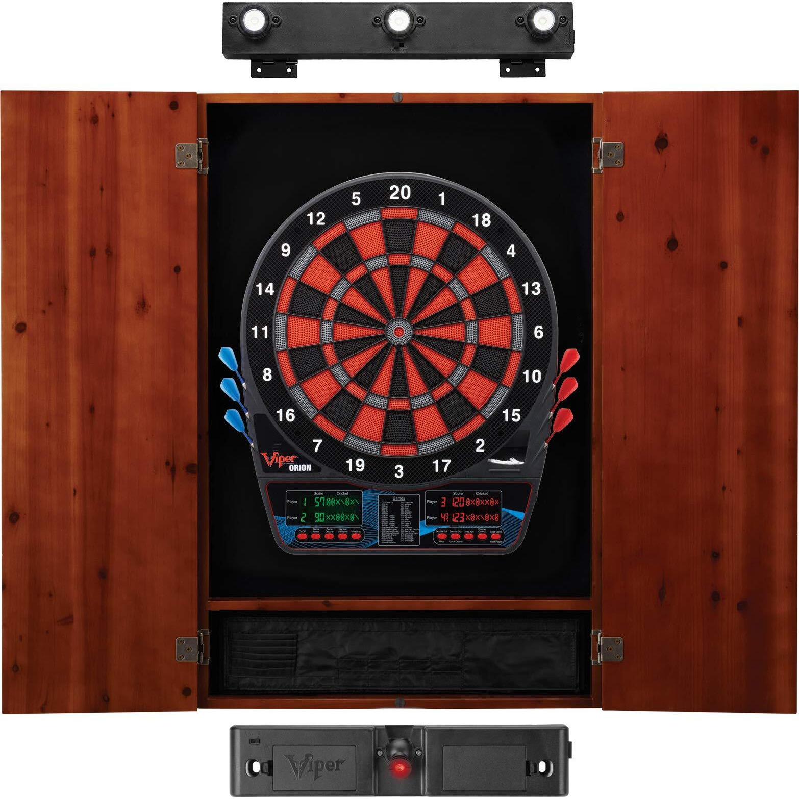 Viper Orion Electronic Dartboard, Metropolitan Cinnamon Cabinet, Laser Throw Line & Shadow Buster Dartboard Light Bundle