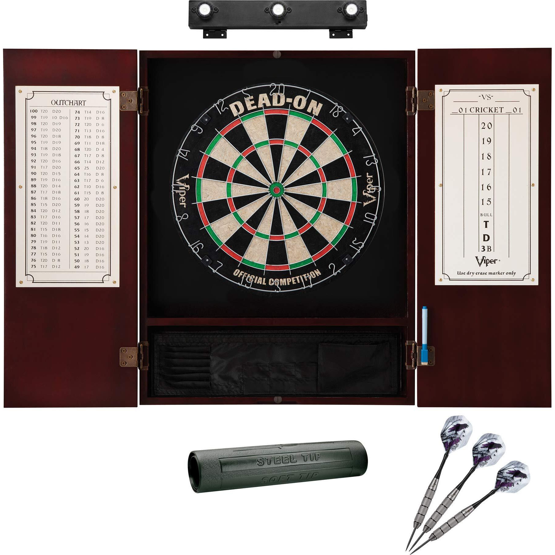 Viper Dead On Sisal Dartboard, Metropolitan Mahogany Cabinet, Shadow Buster Dartboard Lights & Laser Throw Line Marker