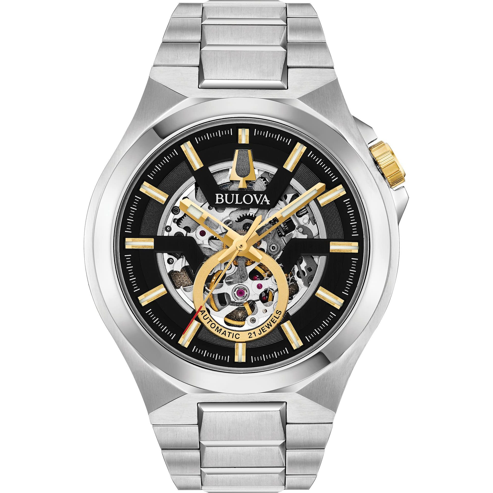 Bulova Men's Classic Maquina Stainless Steel 3-Hand Automatic Watch, Skeleton Dial with Gold Tone Accents Style 98A224